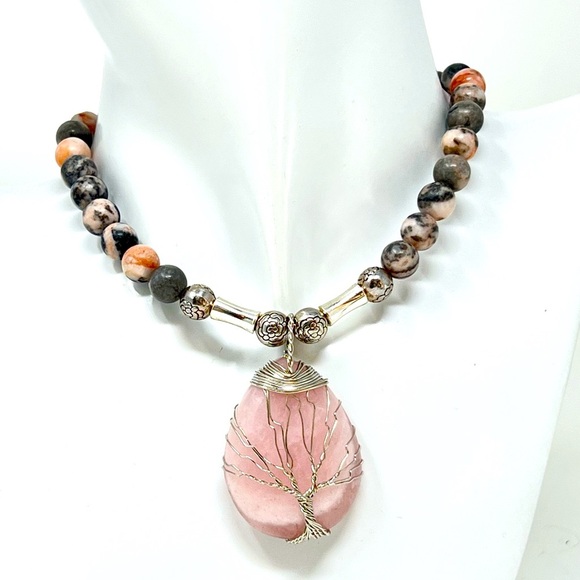 Wire wrapped rose quartz tree of life pendant with jasper - Picture 1 of 6